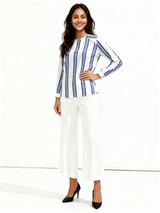 Formal Regular Sleeves Striped Women White, Blue Top