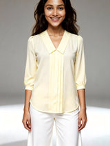 Women Relaxed Fit Fit Solid Collarless Collar Formal Shirt
