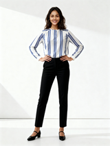 Formal Regular Sleeves Striped Women White, Blue Top