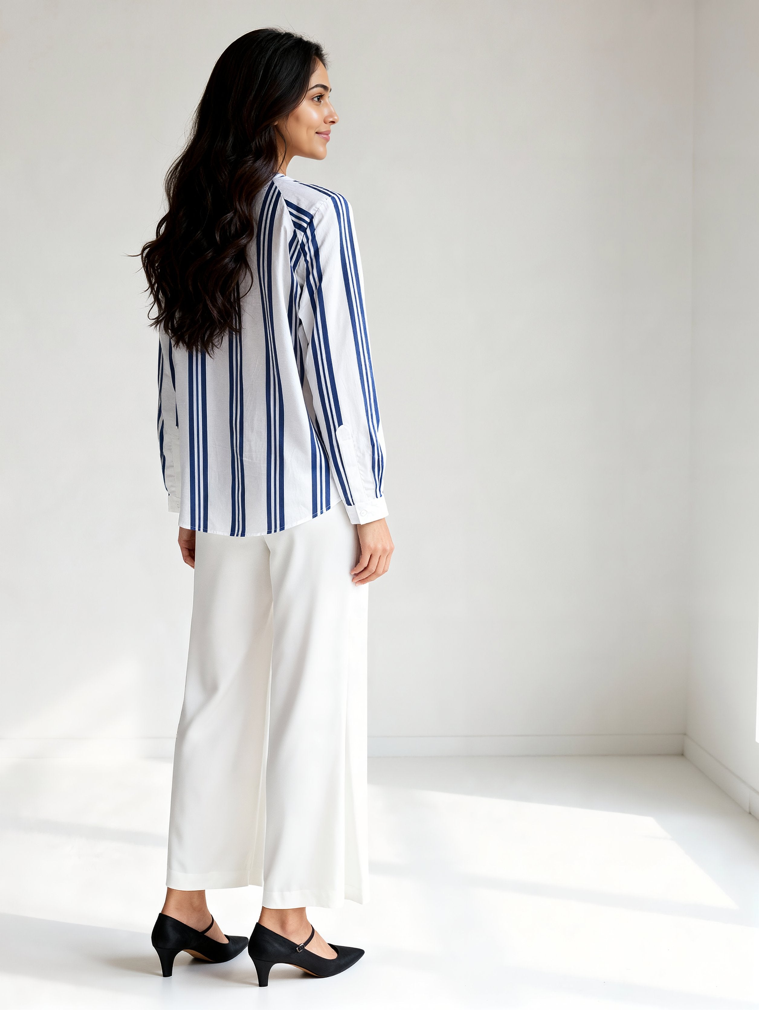 Formal Regular Sleeves Striped Women White, Blue Top