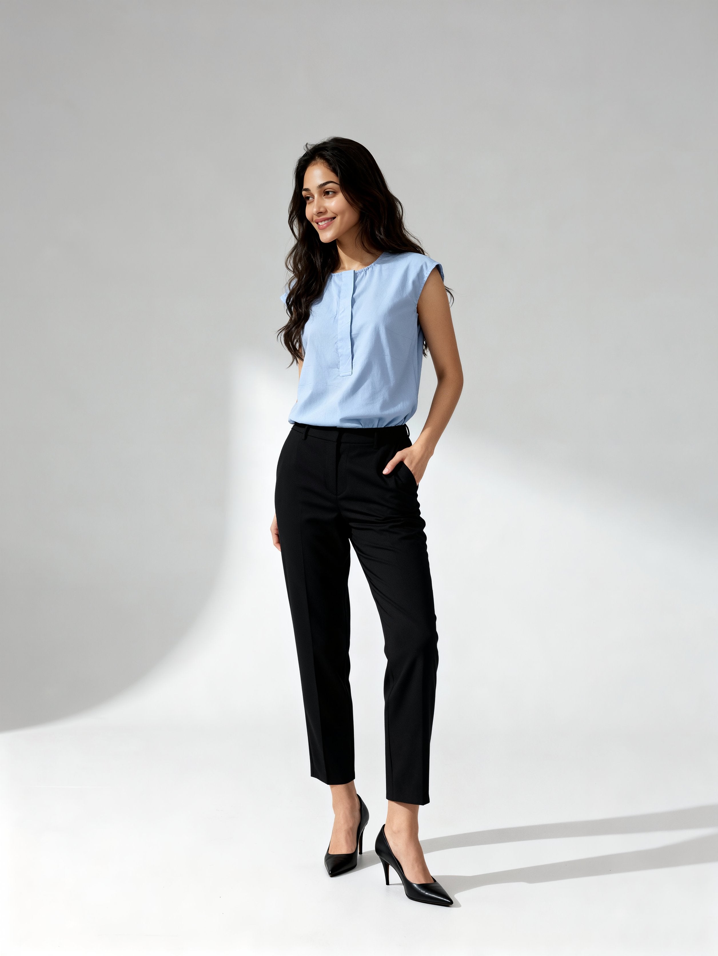 Formal Cap Sleeves Solid Women Blue Top