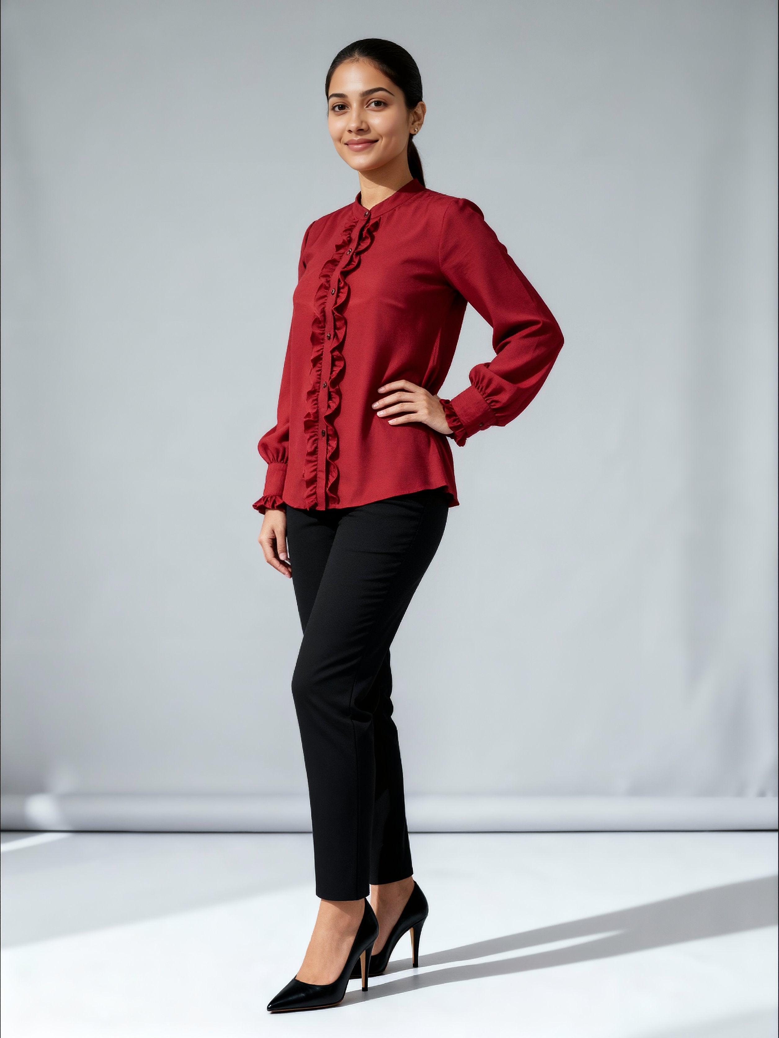 Women Relaxed Fit Fit Solid Mandarin Collar Formal Shirt