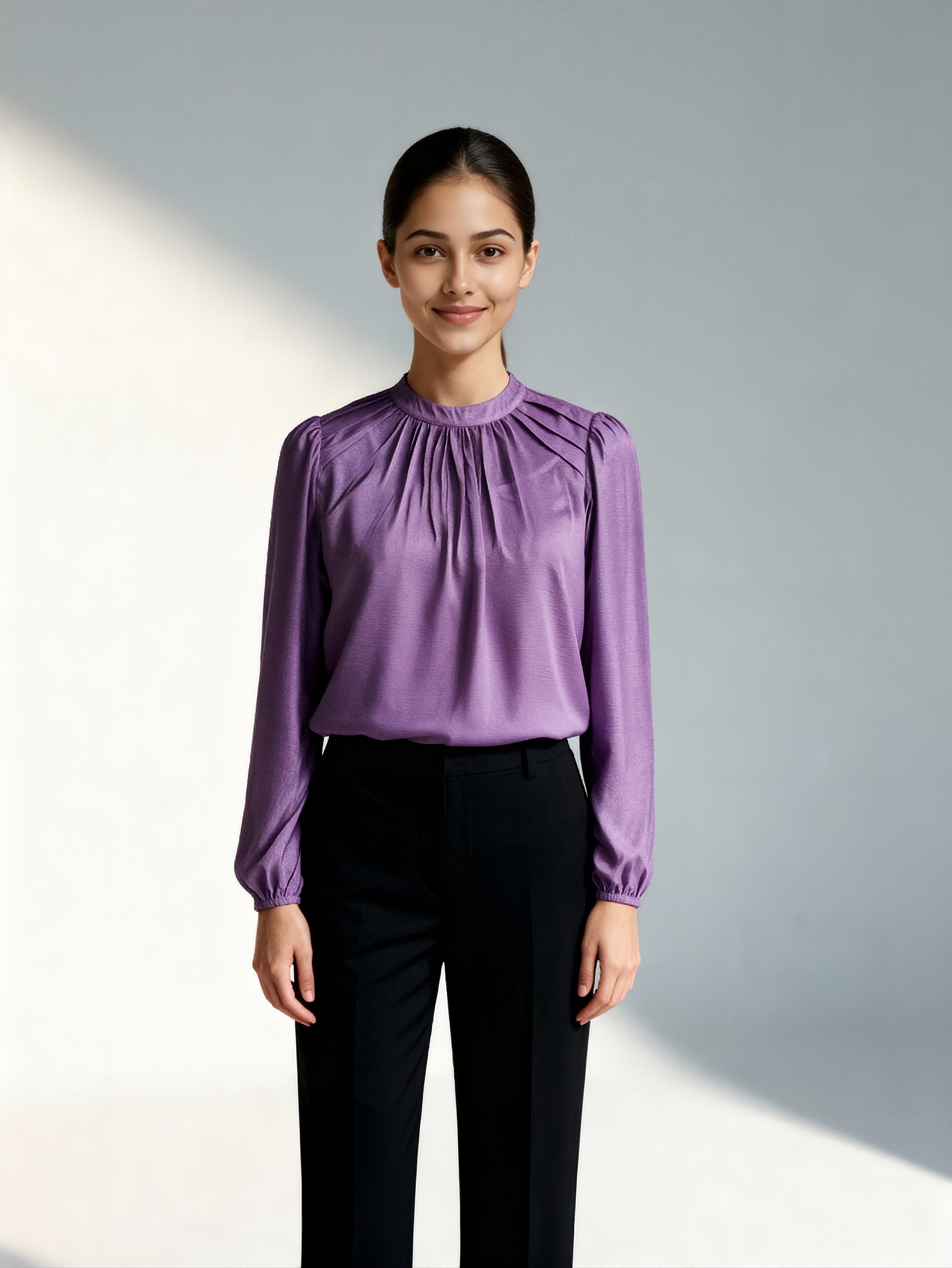 Formal Puff Sleeves Solid Women Purple Top