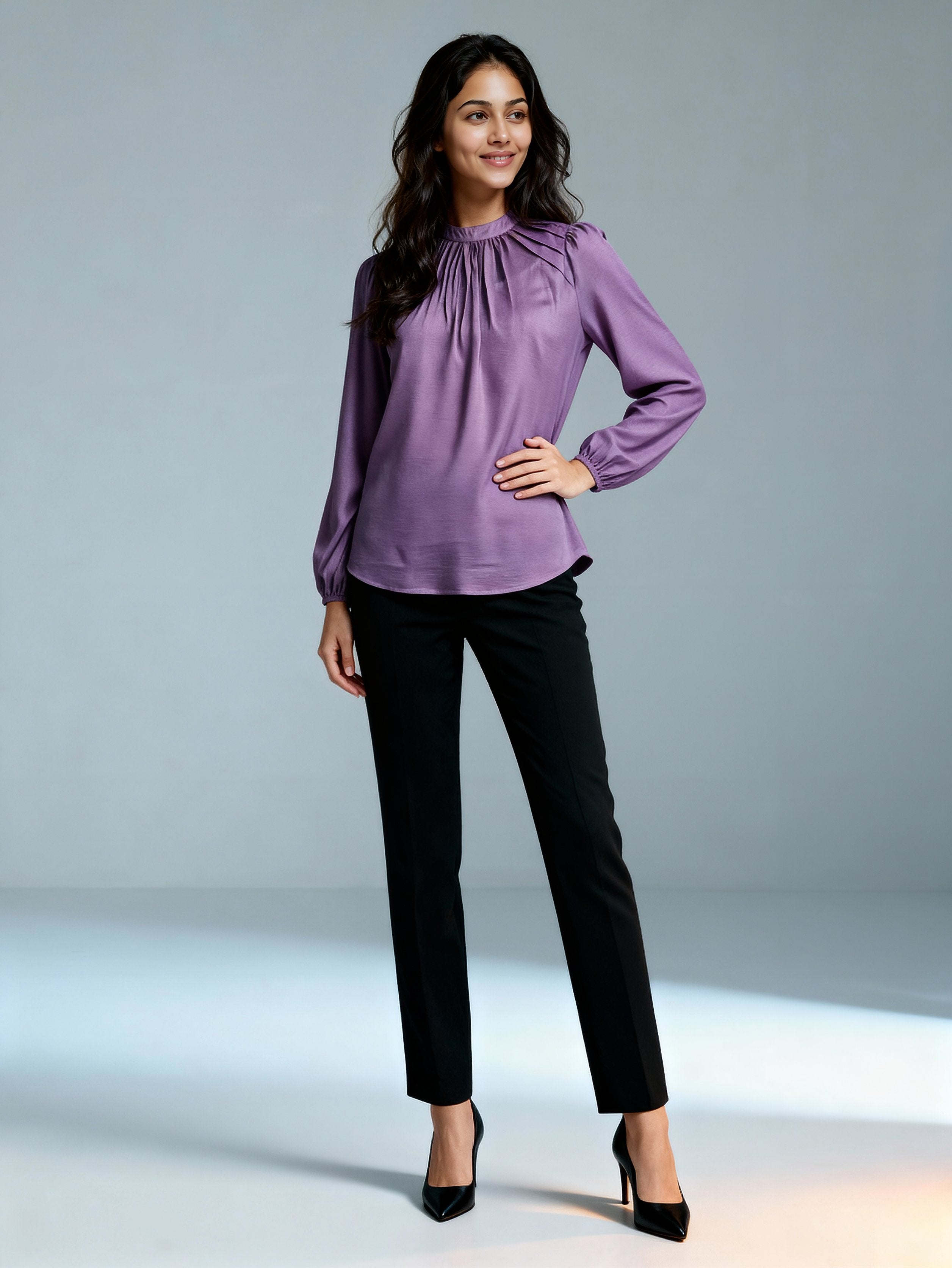 Formal Puff Sleeves Solid Women Purple Top