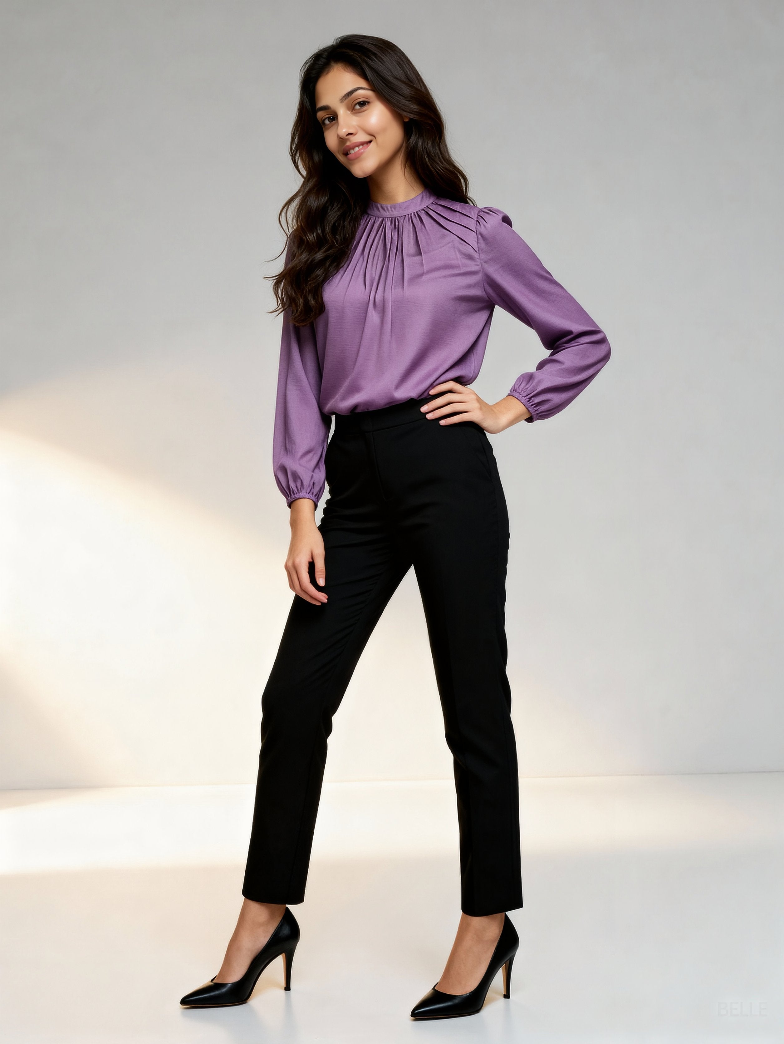 Formal Puff Sleeves Solid Women Purple Top