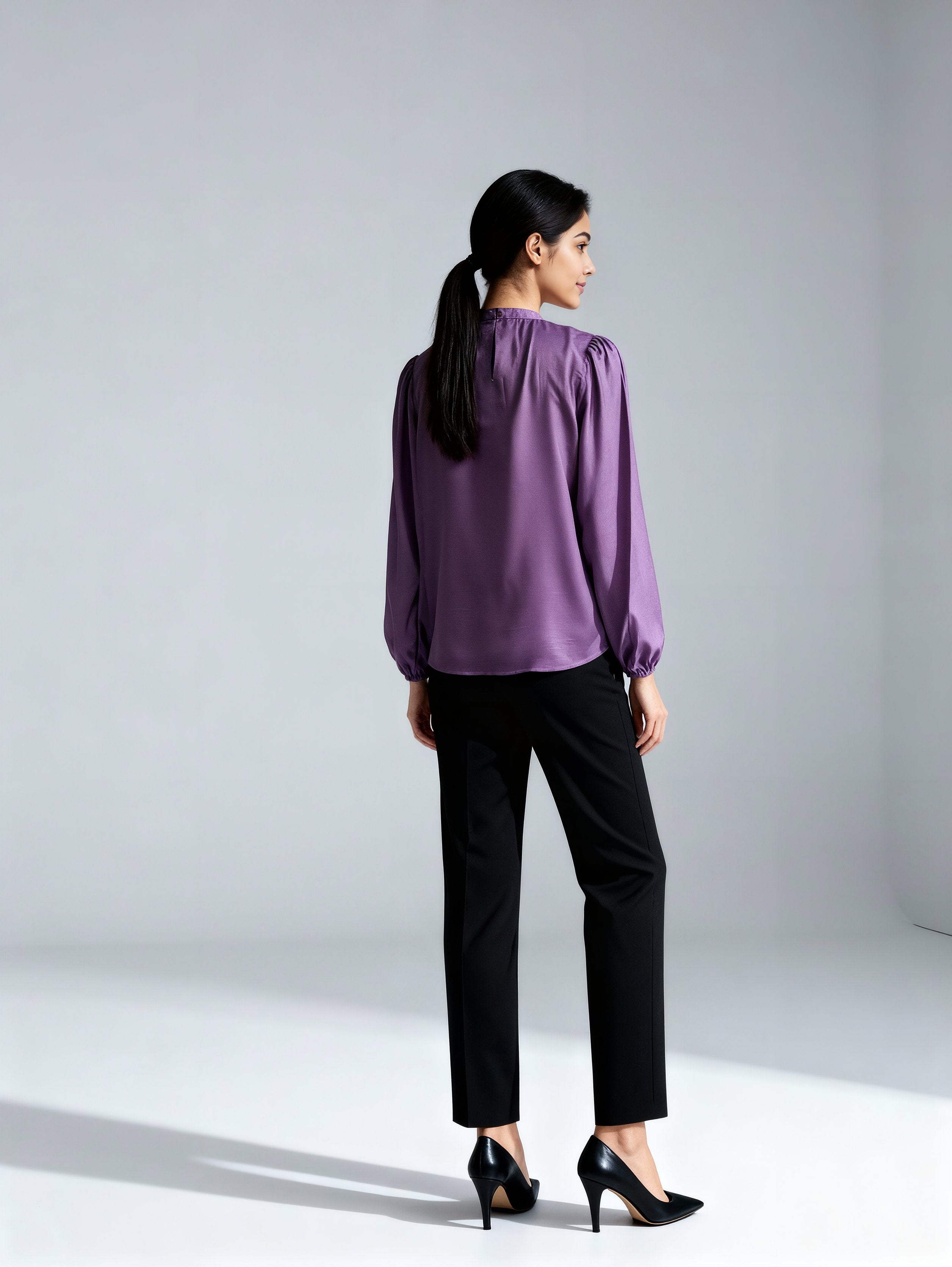Formal Puff Sleeves Solid Women Purple Top
