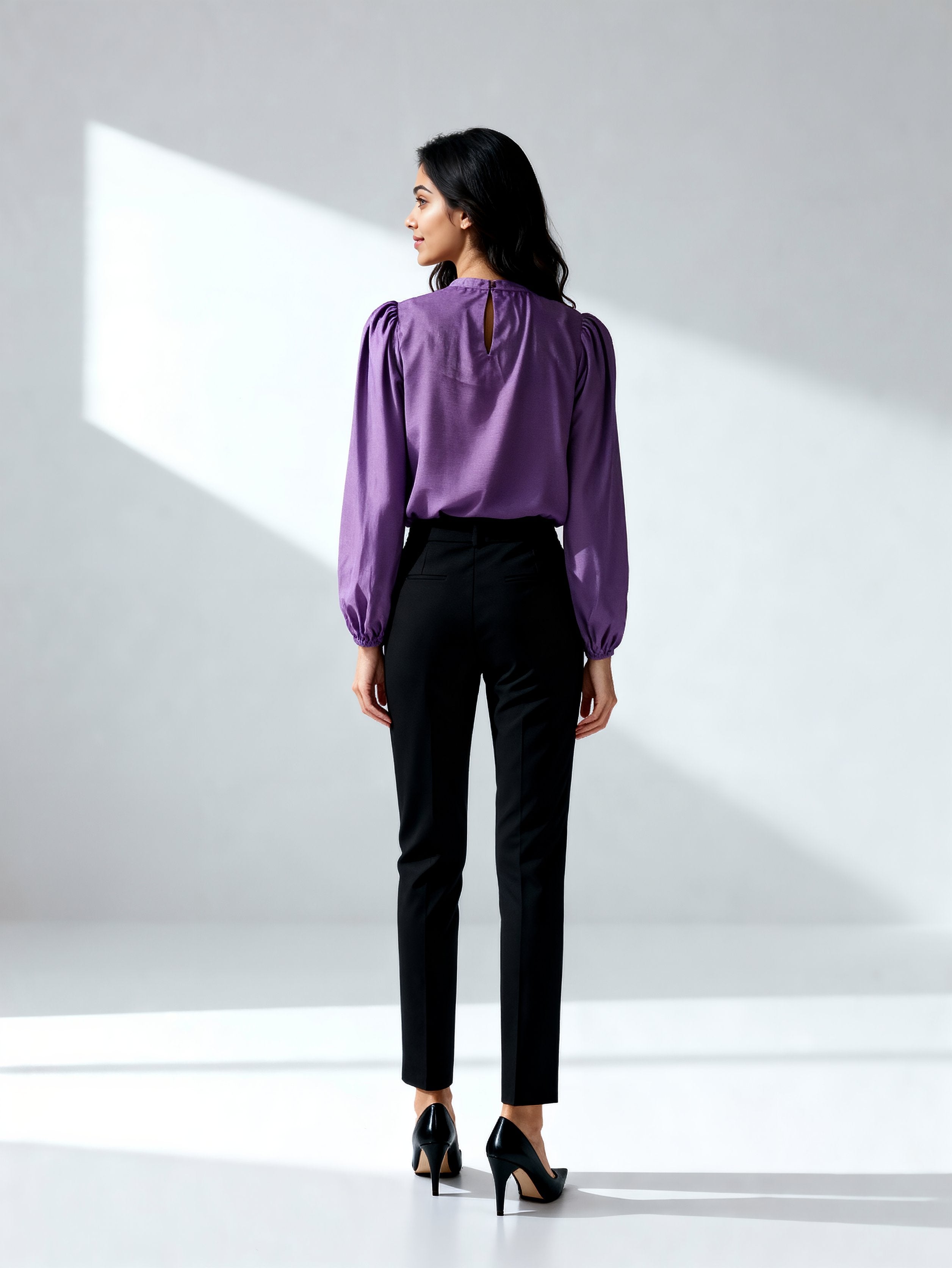 Formal Puff Sleeves Solid Women Purple Top